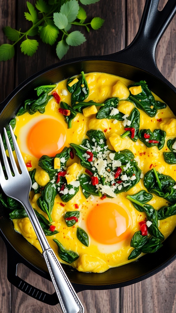 A skillet with scrambled eggs and sautéed spinach, garnished with cheese and red pepper flakes, on a wooden table.